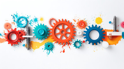 Vibrant gears and paint splashes create dynamic abstract concept, showcasing creativity and energy