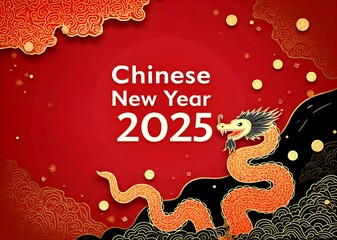 Chinese New Year 2025 – Year of the Snake. Abstract background featuring a linear, geometric red snake illustration. Traditional Chinese-inspired vector design celebrating the Lunar New Year. 