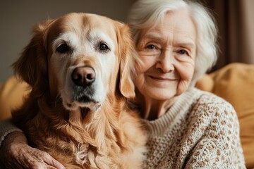 intergenerational bonding, elderly woman happily watches rescue dog play in sunlit room, creating a serene scene with space for text