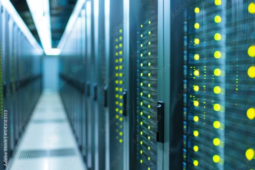 Poster server room with blinking lights hosting servers is processing data with blurred hallway