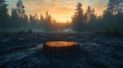 Sunrise over a misty forest clearing with cut tree stumps.