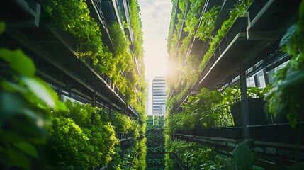 A futuristic five-star hotel featuring a greenhouse with vertical hydroponic gardens.
