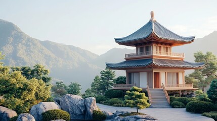 Cultural Japanese pagoda with detailed architectural elements, gracefully perched within serene gardens, symbolizing spiritual significance and historical roots