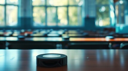 A sleek smart device resting on a wooden desk in a softly lit classroom, emphasizing modern technology's role in educational environments. AI generated.