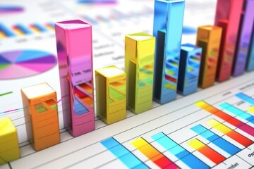 3d illustration of a colorful metallic bar chart showing growth on a spreadsheet