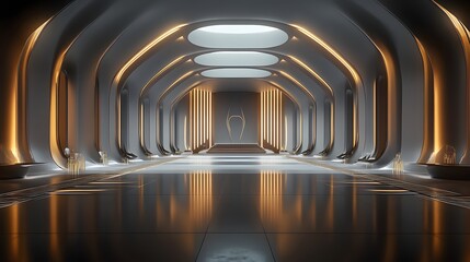 A futuristic hotel ballroom with adaptive lighting and soundscapes tailored to events.