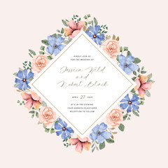 wedding invitation blue pink floral watercolor frame