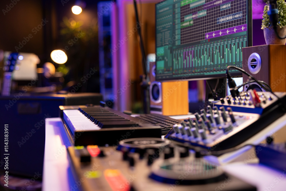 Poster Empty home studio used to create music with electronic console and devices, pre amp knobs and soundboard with control panel. Space equipped with amplifier and tools, mixing and mastering.