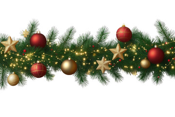 Fototapeta premium Border with green fir branches, gold stars, red balls, lights isolated on transparent background. Pine, xmas evergreen plants seamless banner.