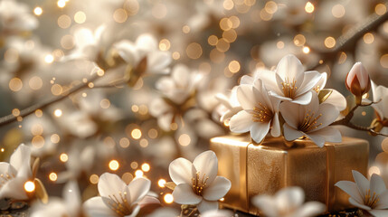 Gift box on floral background, 3D rendering, spring time, banner, illustration style, copy space