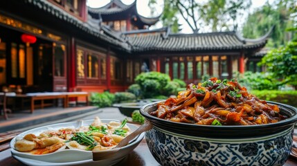 Fototapeta premium Vibrant Chinese architecture traditional tiles featuring ornate rooflines and symbolic motifs surrounded by lush landscapes evoking timeless elegance and cultural richness