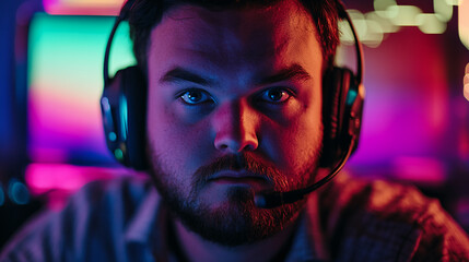Gamer focused on competitive play with vibrant lighting in esports environment