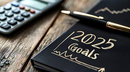 Close up of business planner titled 2025 Goals, featuring pen and calculator, symbolizing planning and organization
