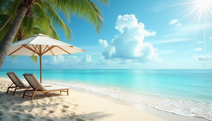 Fototapeta premium Two wooden lounge chairs sit beneath a straw umbrella on a sandy beach. The tranquil sea reflects a bright blue sky, while palm trees sway gently in the breeze. Ideal for relaxation. Generative AI