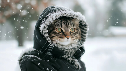 Gato en la nieve en invierno