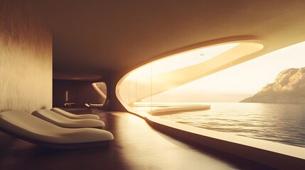 A futuristic underwater hotel room with floor-to-ceiling windows displaying marine life.