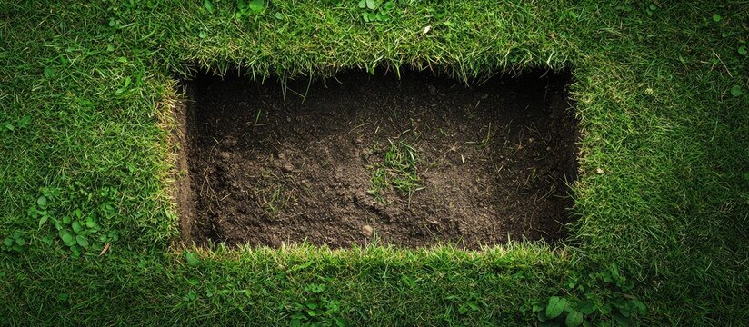 Close up of a rectangular section of lawn with deep hole and cesspool entrance showcasing landscaping and maintenance details