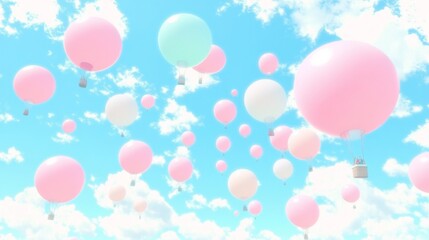 Beautiful hot air balloons floating above a peaceful cloud formation