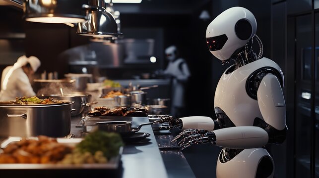 A gourmet robotic restaurant in a five-star hotel with AI chefs preparing meals.