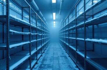 Fototapeta premium Industrial freezer interior shows frost-covered metal shelves. Empty shelves stretch into distance. Cold storage area well-lit. Freezing temperatures evident. Food storage facility warehouse. No