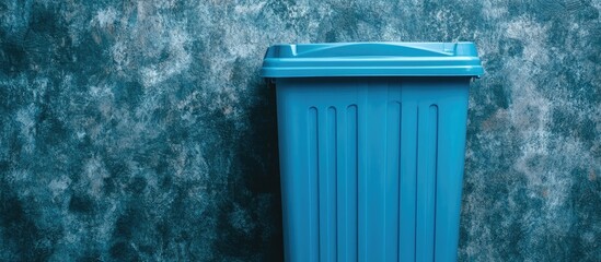 Close up of a blue plastic trash basket on a textured floor promoting efficient home organization and effective waste management solutions