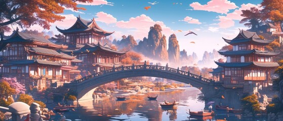 Classic Chinese stone bridge adorned with intricate details spanning a river with traditional wooden pavilions and distant mountains capturing historical richness and architectural heritage