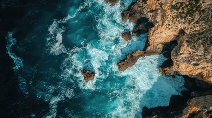 Scenic Aerial View of Turquoise Waves Crashing Against Rocky Cliffs in Sagres Portugal