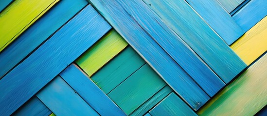 Abstract arrangement of vibrant blue and green wooden planks at creative angles for stylish modern backdrop or interior design concept