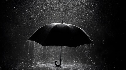 A black umbrella in heavy rain, illuminated by light from above. Raindrops cascade off the umbrella, creating dramatic contrast on a dark background, highlighting its wet surface and curved handle.