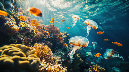 Obraz premium An enchanting underwater world scene featuring glowing jellyfish, vibrant coral reefs, and schools of colorful fish swimming gracefully, creating a mesmerizing marine environment.