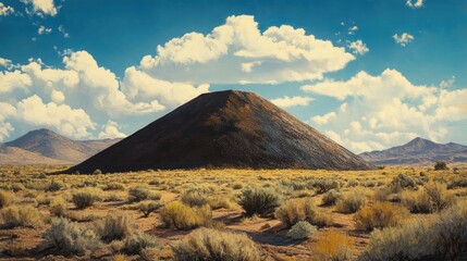 Cinder cone volcano surrounded by arid landscape and blue skies showcasing geological formations and vivid natural scenery.