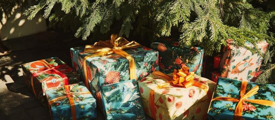 Wrapped gifts in vibrant colors and patterns arranged under a festive Christmas tree capturing the essence of holiday joy and celebration.