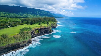 Fototapeta premium Aerial View of Lush Coastal Landscape with Clear Blue Ocean and Scenic Cliffs Under Bright Sky