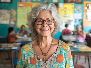 Feliz profesora senior se encuentra en el aula