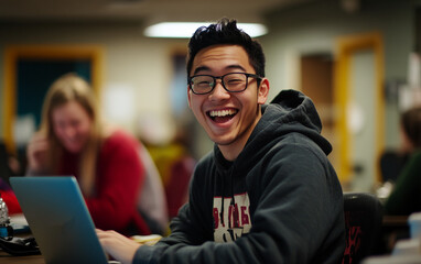 Obraz premium Smiling student using laptop in study environment with peers at a college campus