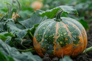 Large green and orange pumpkin growing on the vine in a garden patch
