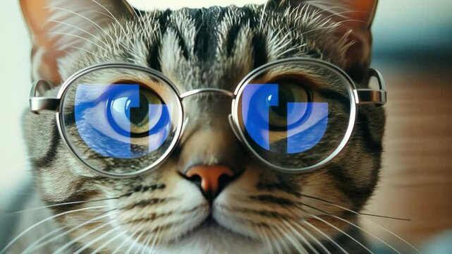 Professor Whiskers: A stylish tabby cat dons round spectacles, reflecting a captivating blue logo.  The image exudes intellect and a touch of quirky charm. 