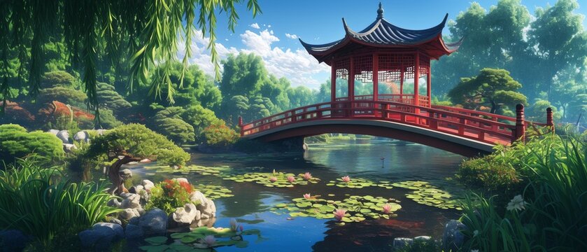 Serene Chinese garden with red bridges ornate gazebos and carefully pruned bonsai trees reflecting artistic precision and cultural grace in an idyllic setting