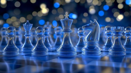 Chess pieces sparkle on an illuminated board, with a bokeh background that captures the essence of strategic gameplay.