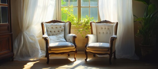 Cozy vintage chairs in a sunlit nook inviting relaxation and conversation with natural light and greenery accents