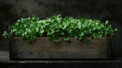 Fresh cilantro overflowing from a rustic wooden box against a dark textured background showcasing its vibrant green color.