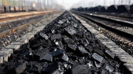 Coal storage yard with heaps of coal for domestic supply along railway tracks under bright sky
