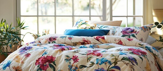 Bright and inviting bedroom with colorful floral linens and natural light creating a stylish and cozy home decor atmosphere.