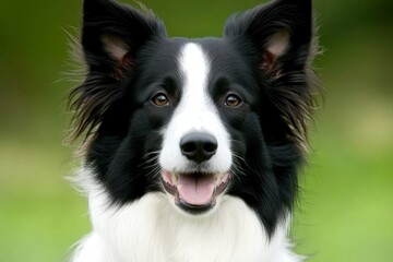 Fototapeta premium A cheerful black and white border collie dog playing in the park with a blurred background.