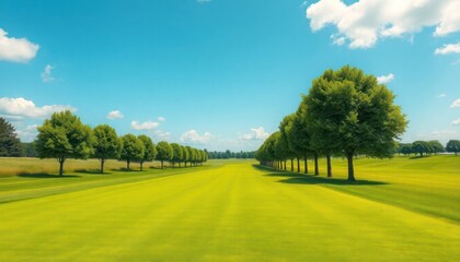 Obraz premium Idyllic golf course stretches under bright blue sky. Rich green grass lines long fairway. Trees line both sides creating serene landscape. Sunny day ideal for recreation, relaxation. Peaceful,
