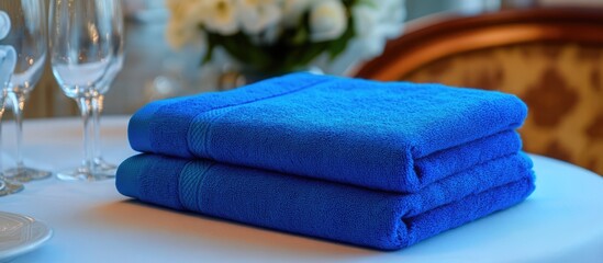 Neatly piled elegant blue towels arranged for hospitality setting enhancing guest experience with sophisticated atmosphere