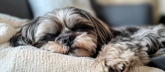 Close up of a relaxed dog peacefully napping at home showcasing warmth comfort and the essence of companionship