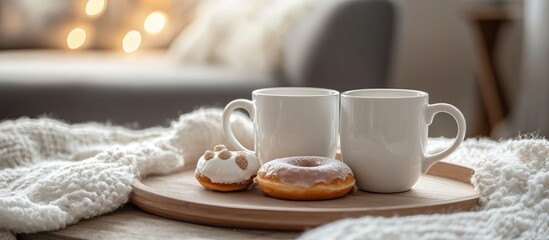 Fototapeta premium Romantic breakfast tray with mugs donuts and sweets creating a cozy modern morning atmosphere in soft interiors