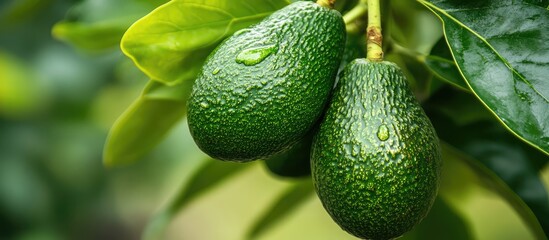 Vibrant close up of green avocado fruits on a thriving plant with lush leaves in a home garden setting showcasing healthy growth