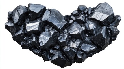 Natural raw coal carbon nugget cluster displayed on a clean white background showcasing unique textures and shapes of carbon minerals.
